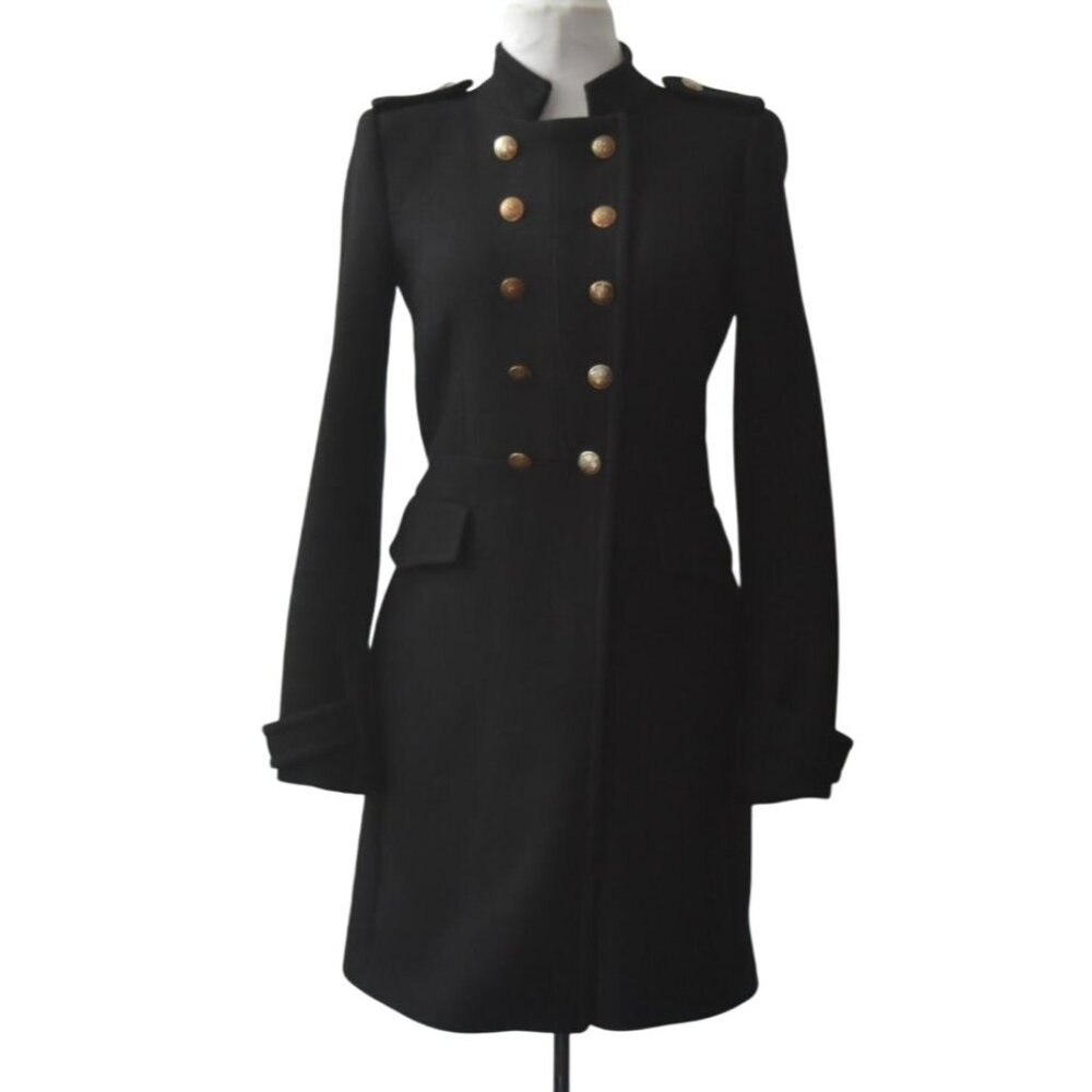 Zara Womens Military Style Coat S  Black Wool Blend Double Breasted Pea Coat